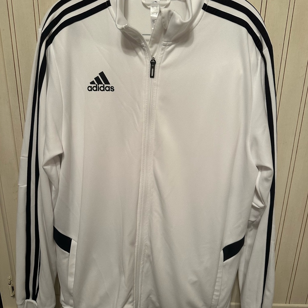 Adidas Men's White with Black Stripes Tracksuit (jacket and pants set)